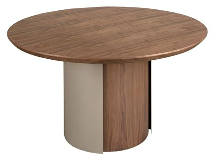 Ángel Cerdá - Table de Salle à Manger Ronde avec piètement en métal croisé - Design Moderne - 120 x 76 cm - Plateau en Bois plaqué Noyer Naturel et piètement en Acier laqué Sable métallisé