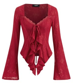 CIDER Womens Going Out Tops Lace Bell Long Sleeve Square Neck Ruffle Tie Front Tops