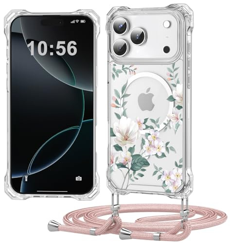 Ciciber Ttusy Handykette Hülle für iPhone 17 Pro Max mit Band, Transparente Blumen Magnetisch Handyhülle [Kompatibel mit Magsafe] mit Kordel zum Umhängen Necklace Hülle - Roségold