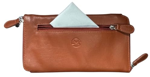 Mala Leather Double Zipped Glasses Case Holds 2 Pairs of Glasses – Genuine Soft Leather with Cleaning Cloth & Front Zip Pocket – 19 × 10 × 2 cm – Vision Care (Tan)