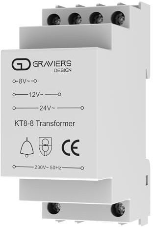 Graviers Klingeltrafo 8V 12V 24V Trafo für genormte Hutschiene - Klingeltransformator mit 8VA Nennleistung Türklingel Gong Transformator Weiß