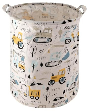 Toy Box Storage Basket for Kids - Large Foldable Toy Storage Laundry Hamper, Waterproof Cotton Linen Toys Basket with Handles, Laundry Hamper & Nursery Organizer (Construction Vehicle)