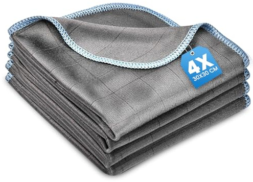 LinkLuck 4X Fensterputztücher Carbon Tücher, 30x30cm Fenstertuch, Microfaser Putztuch, Fusselfreies Poliertuch, Reinigungstuch Carbon Lappen für Kristallklare & Streifenfreie Scheiben