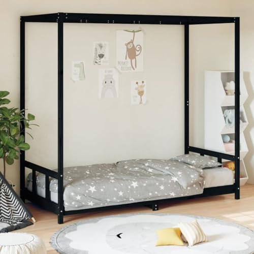 IBUQDDV Massivholz Kiefer Kinderbett 90x200 cm in Schwarz mit Baldachingestell und robusten Latten für Stabilität und Belüftung – Einzelbett aus massivem Kiefernholz mit rustikaler