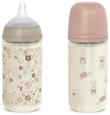 Suavinex, Pack 2 Biberones Vidrio 240 ml Flujo Medio (M), +3 Meses, Rosa