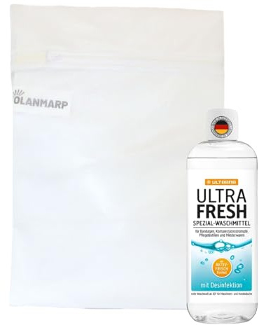 Ultrana Ultra Fresh Desinfektionswaschmittel 500 ml + Olanmarp Wäschenetz | Hygiene Waschmittel Konzentrat fuer Inkontinenzwaesche und Pflegetextilien – Made in Germany, biologisch abbaubar
