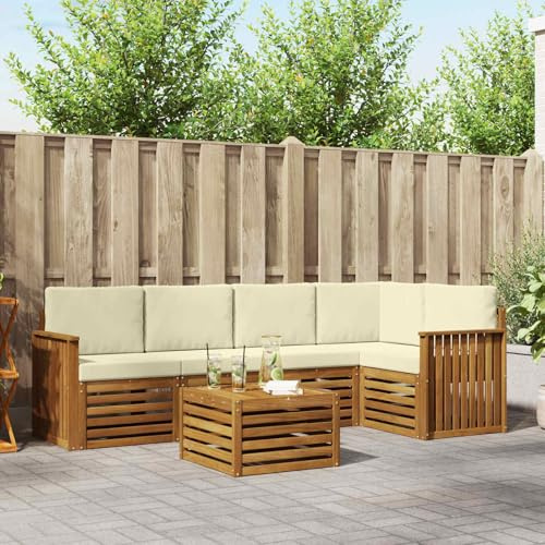 Wicterencia 6-teiliges Ecksofa Set mit Kissen aus Massivholz Akazie in Natur und Creme, Gartenmöbelgarnitur mit Tisch, Lounge Möbelset für Terrasse und Balkon, wetterfeste Sitzgruppe