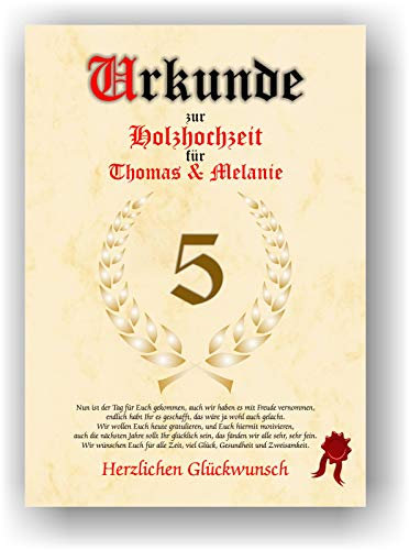 Urkunde zum 5. Hochzeitstag Holzhochzeit Geschenkurkunde Holz Hochzeit personalisiertes Geschenk Karte hölzerne Hochzeit mit Namen DIN A4