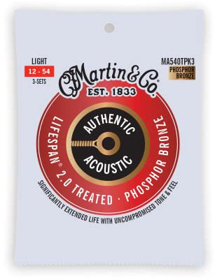 MARTIN 3 Pack Cuerdas para guitarra acústica, Lifespan 2.0 Light 12-54, 98/2 Fósforo Bronce (MA540TPK3)