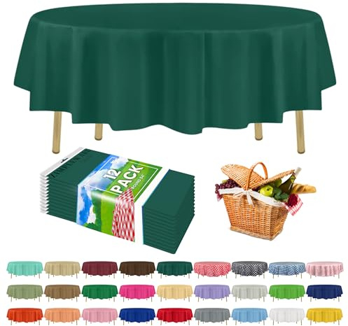 ZIMPLEWARE Premium Dark Green Plastic Table Cloth Disposable (12 Pack) Round Tablecloth (84in) Party Table Cloths Disposable, Perfect Table Cloth Round Cover for Any Table Up to 6 Feet | Dark Green Durable Plastic Table Covers, Disposable Tablecloths, fade and tear-resistent table cover for party, event
