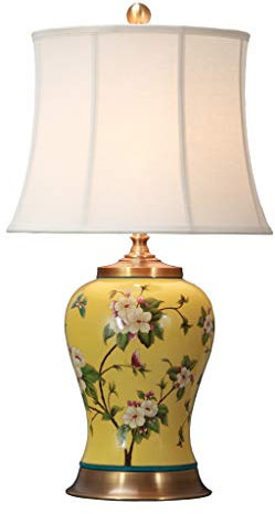 Fine Asianliving Chinesische Tischlampe Porzellan mit Schirm Handbemalt Gelbe Blumen B23xT23xH71cm mit Lampenschirm E27 China Orientalische Tischleuchte Keramik Nachttischlampen Asia