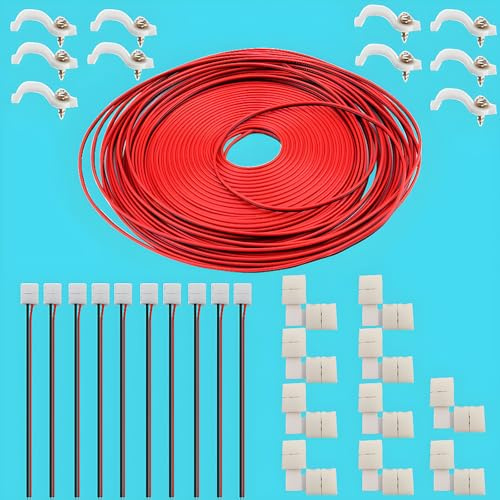 3528 2-poliges LED-Streifen-Anschlusskit - 8 mm LED-Anschlusskit Enthält 10 x LED-Streifen-Anschlusspigtail, 10 x L-förmige Steckverbinder, 32,8 ft Verlängerungskabel, 20 x LED-Streifen-Clips