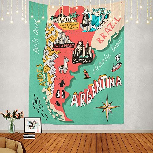Shrahala Map Tapestry, Vector Cartoon Building Architecture Art Ocean Palm Wall Hanging Large Tapestry Psychedelic Tapestry Decorations Bedroom Living Room Dorm(59.1 x 39.4 Inches, Red 2)