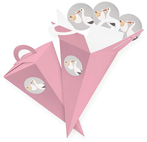 itenga 24x Geschenktüte Gastgeschenk Schultüte Rosa 14 cm mit Sticker Aufkleber 2,5 cm Storch Geburt Taufe