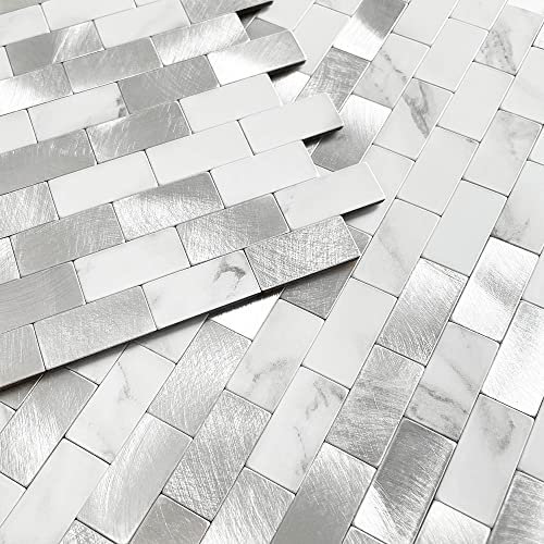 BeNice Mosaik Fliese Matte Selbstklebend Aluminium Metall Fliesen Aufkleben,Ziegel Fliesen Wand Selbstklebende Metro Fliesen(weiß 10 Stück)