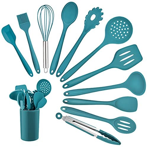 Silicone Kitchen Utensil Set, Homikit 12 Piece Cooking Utensils with Holder, Heat Resistant Kitchen Tools Spatulas Set for Cooking Baking Mixing, Safe for Non Stick Cookware (Dark Blue)