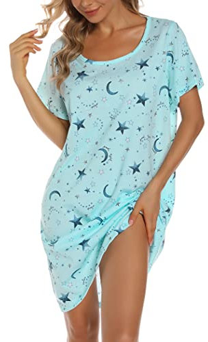 ENJOYNIGHT Nighties for Women Cotton Nightdress Sleep Tee Short Sleeves Print Nightshirt Soft Sleepwear Loungewear (Medium,Star)