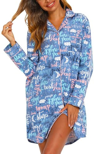 ENJOYNIGHT Chemise de nuit en flanelle à manches longues pour femme - Boutonnière - Vêtements de nuit court - XXL, Lettre bleue., XL