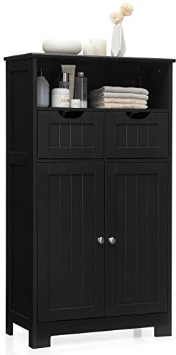 COSTWAY Meuble de Rangement de Salle de Bain, Commode Blanche de Toilette avec 2 Tiroirs et 2 Portes, Polyvalent pour Entrée, Salon 60 x 30 x 109 CM (Noir)
