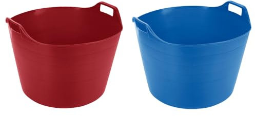 M1SS (Set of 2) 75L Litre Red And Sky Blue Robust Versatile Multipurpose Extra Large Flexi Tub Garden Home Flexible Plastic Storage Container Bucket Tub Trugs Horse Feeder Flex Tub- MADE IN UK