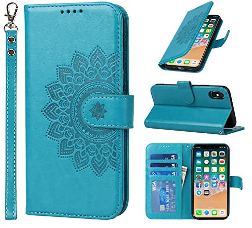 ELTEKER Handyhülle iPhone X, Handyhülle iPhone XS Klapphülle, [3 Kartenfächer] [Magnet Verschluss] Leder Eleganter Prägung Klapphülle Schutzhülle Ledertasche Hülle für iPhone X/XS, Blau