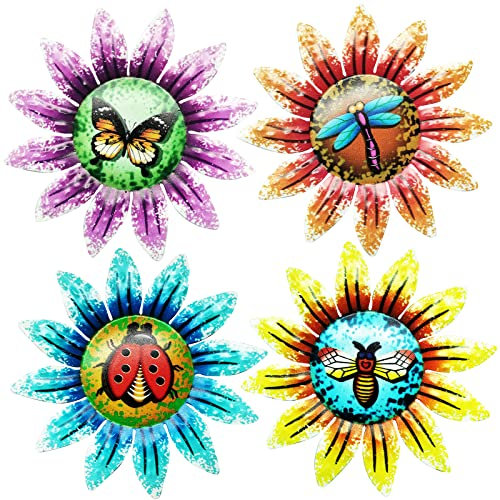 SUNNEKO 4PCS Metal Flower Garden Ornaments Outdoor, Garden Ornaments Metal Wall Art Deco Hanging Wall Art Decoration Indoor Outdoor fence Yard Shed Fences