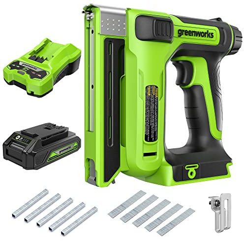 Chiodatrice a batteria Greenworks da 10 mm con batteria da 2 Ah e caricatore (Li-Ion, 24 V, graffatrice e sparachiodi, max. 60 colpi al minuto, incl. 500 chiodi e 500 graffette)