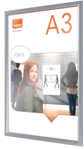 Nobo A3 Bilderrahmen mit eloxiertem Cliprahmen, Info-Rahmen mit Wandbefestigung, Durchgehende Eckbefestigung, Aushang-Rahmen, Auf Gehrung geschnittene Ecken, Klapprahmen, Impression Pro Serie, 1915577