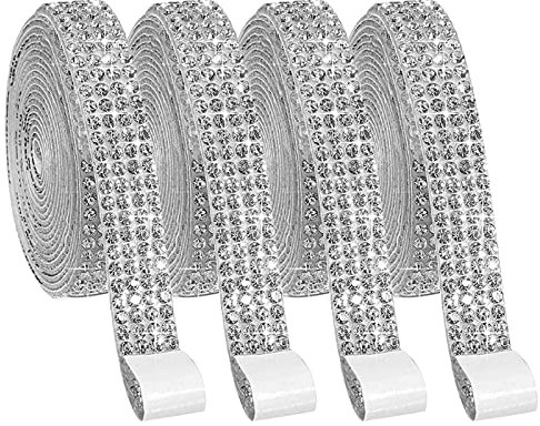 4 Rollen Diamantband selbstklebend kristall strass diamant band Glitzerband Silber Strassband Deko Strasssteine Band Glitzersteine für Hochzeit Geburtstag Dekoration Kunsthandwerk (4 Reihen)