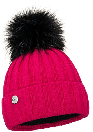 ELIMELI Kaschmir Mütze Damen Winter warme Strickmütze Wollmütze mit Kaschmir Wintermütze mit Kunstfell Bommel Slouch Strick Beanie Damen für Winter Bommelmütze Hergestellt in EU (Amaranth)