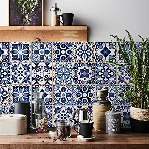 HORIWE Tile Stickers Vintage Blue Moroccan Wall Decal Sticker Adhesive Tile Art DIY Kitchen Bathroom Backsplash Floor Home Decor PVC Waterproof Oil Proof New 6x6 Inches 24pc