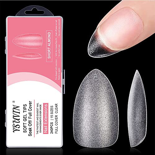 Yueshop Soft Gel Full Cover Matte Nail Tips - 240PCS Short Almond Gelly Clear Break Resistant Kit 15 Sizes for DIY Manicure Nail Art Salon