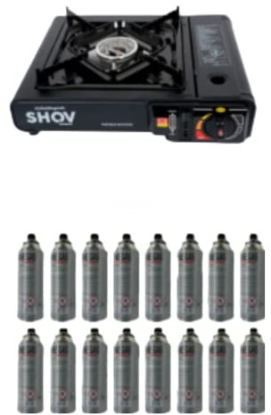 SHOV Gaskocher Campingkocher klein mit 16 Gaskartuschen und Tragekoffer/Aufbewahrungskoffer 2,2KW