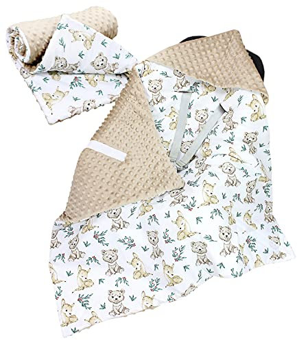 TupTam 2er Set Baby Decken Einschlagdecke 85x85 cm für Autositz Babyschale Babydecke Wiegendecke Minky Baumwolle, Farbe: Rehlein/Bären/Beige/Hellbraun, Größe: Frühling/Sommer - 85 cm x 85 cm