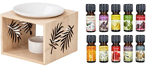 levandeo Duftlampe inkl. 10 Duftöle Holz Bambus Natur Weiß Keramik Palmenblatt Blatt Quadratisch Aromaspender Öllampe Aromalampe