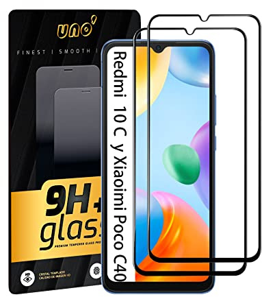 UNO' - 2 Piezas, Protector de Pantalla para Xiaomi Redmi 10C/Poco C40, Vidrio Templado Dureza 9H, Cobertura Completa con Bordes Curvos, Ultra Resistente, Transparente, Antiarañazos, Sin Burbujas.