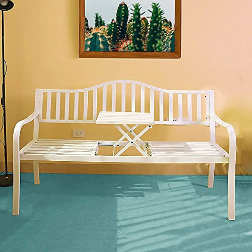 Outdoor Gartenbank, Outdoor Garten Terrassenbank für Ihre Freizeit, Gartenbank Doppelsitzer Stahlbank Ausziehbar Mitteltisch für Außenterrasse Garten Hinterhof, 150x60x85cm (Weiß)