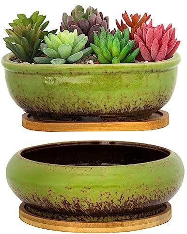 ARTKETTY Vasi per piante grasse, vasi in ceramica per piante grasse con vassoio di drenaggio in bambù, 1 vaso da fiori rettangolare + 1 vaso rotondo per cactus bonsai da interno (verde)