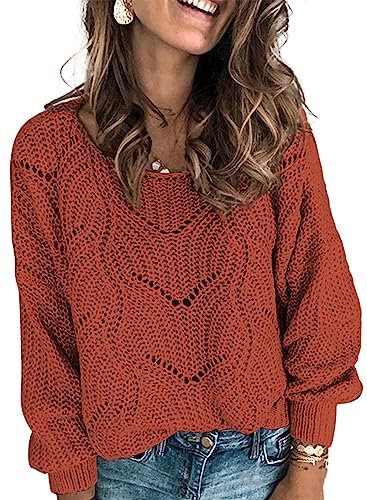 Dokotoo Damen Strickpullover Elegant Rundhals Pullover Herbst Winter Einfarbiger Pulli Oberteil Winterpullover, rot, L