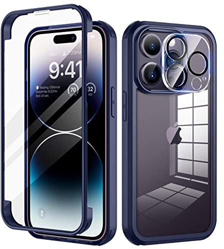 seacosmo für iPhone 14 Pro Hülle mit eingebautem Panzerglas Displayschutz und Kamera Schutzfolie [9H HD], 360 Grad Handyhülle Ganzkörper Stoßfeste iPhone 14 Pro Case - Blau