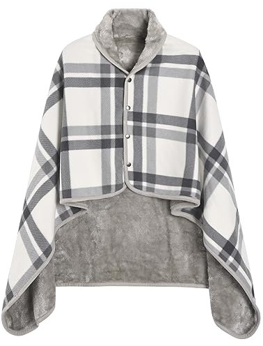 Vijamiy Poncho Femme Hiver Chaud Cape Polaire Multifonctionnelle Chale avec Boutons Flanelle Plaid Ouvert Ponchos et Capes M、L(Plaid Gris,100x140cm)