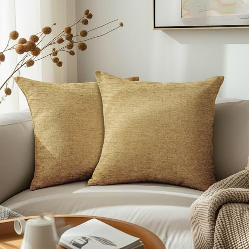 Encasa XO Feine Chenille-Kissenbezüge 2-teiliges Set - Gold - 60x60 cm Strukturiertes, einfarbiges, weiches und glattes dekoratives Kissen mit quadratischem Akzent für die Couch