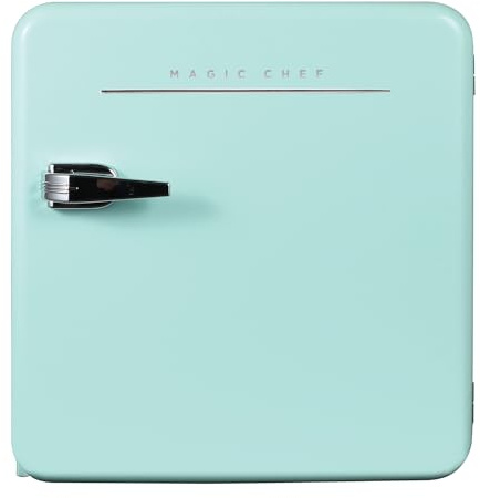 Magic Chef 1.6 Cubic Feet Retro Style Mini Fridge with Interior LED Light and Removable Glass Shelf Ideal for Bedroom and Recreational Room, Mint