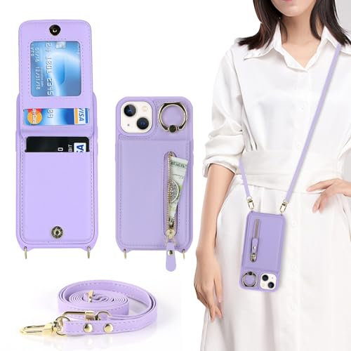 Zouzt for iPhone 13 Mini Case with Cord and Card Holde, Zipper Wallet Case with Crossbody Lanyard Ring Adjustable Necklace Protective Cover Women for iPhone 13 Mini 5.4 Inch - Purple