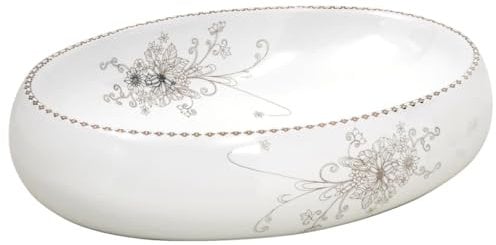 vidaXL Aufsatzwaschbecken, Oval Waschbecken mit Muster, Handgefertigt Waschtisch Waschschale für Badezimmer, Handwaschbecken Spülbecken, Weiß 59x40x15 cm Keramik