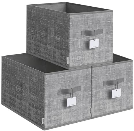 SONGMICS Aufbewahrungsbox 3er Set, zusammenklappbar, Stoffboxen aufbewahren, 50 x 30 x 30 cm, für Kleiderschrank, 2 Griffe, Etikette, für Schlafzimmer Wohnzimmer, schilfgrau ROB450G01