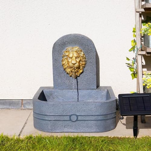 Festive Lights - Fontaine solaire en forme de tête de lion de 48,5 cm – Polyrésine dorée, gris ardoise, IP44, décoration de jardin extérieure – Effet cascade, panneau externe, flux relaxant, centre de