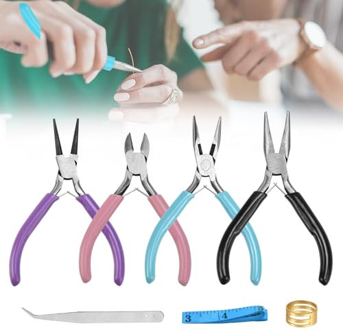 CAREDGO 4 Pinze Gioielli Pinze Bigiotteria Set di Pinze di Precisione Pinza per Orecchini Pinze per Bracciali Pinze per Collane con 1 Righello 1 Pinzetta 1 Anello per Fai da Te Creazione Gioielli