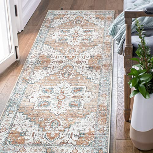 TOPICK Blumendruck Teppich 60x210cm Flurteppich Läufer Lang Böhmische Antirutsch Waschbare Teppich Wohnzimmer Flur Orientalische Küchenläufer für Schlafzimmer Küche Badezimmer Esszimmer Orange/Blau