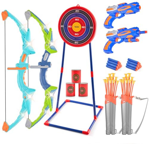 VEVOR Pfeil- und Bogenset für Kinder, 2er-Pack LED-Leuchtbogenschießset mit 20 Saugnapfpfeilen, Zielscheibe, 2 Köchern, 2 Pistolen, 20 Soft-Kugeln, 3 Zieldosen, für Jungen und Mädchen ab 6 Jahren